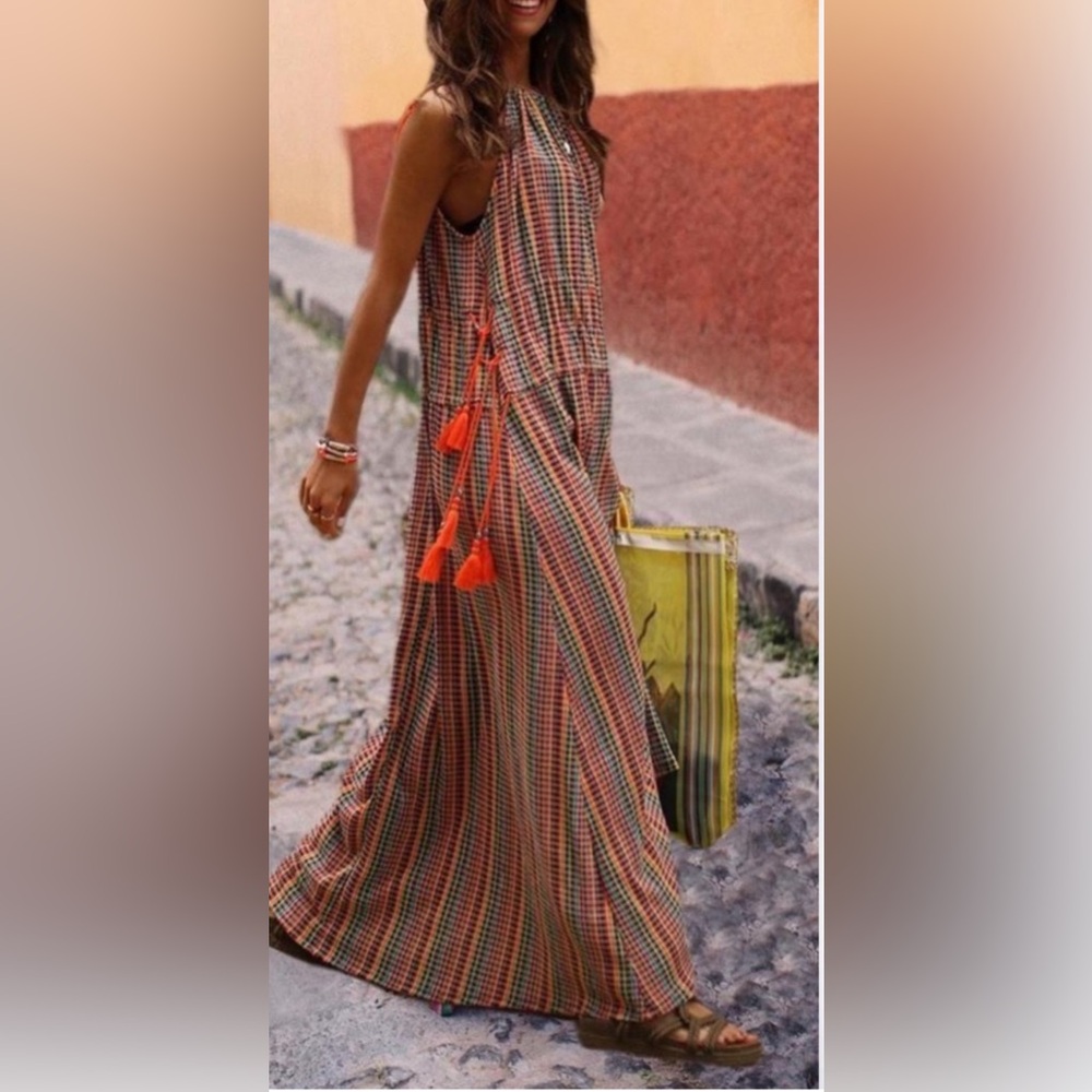 Zara women multicolor dress with orange tassel strap size M  preowned